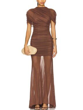 New Amanda Uprichard Evianna Mesh Gown Chocolate Brown mesh draped sheer draped